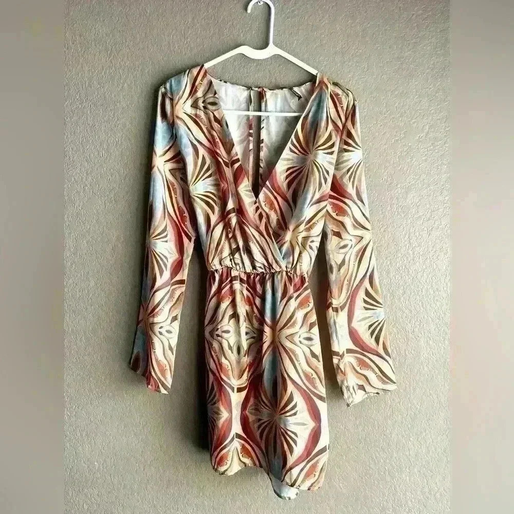 ZARA dress satin look brown beige blue mint yellow long sleeve wrap belt boho - Picture 2 of 9
